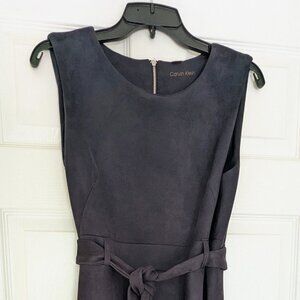 Calvin Klein Navy Faux Suede Sleeveless Midi Dress w/ Tie Waist